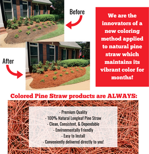 Before and after image of a planted area with regular pine straw vs. Colored Pine Straw.